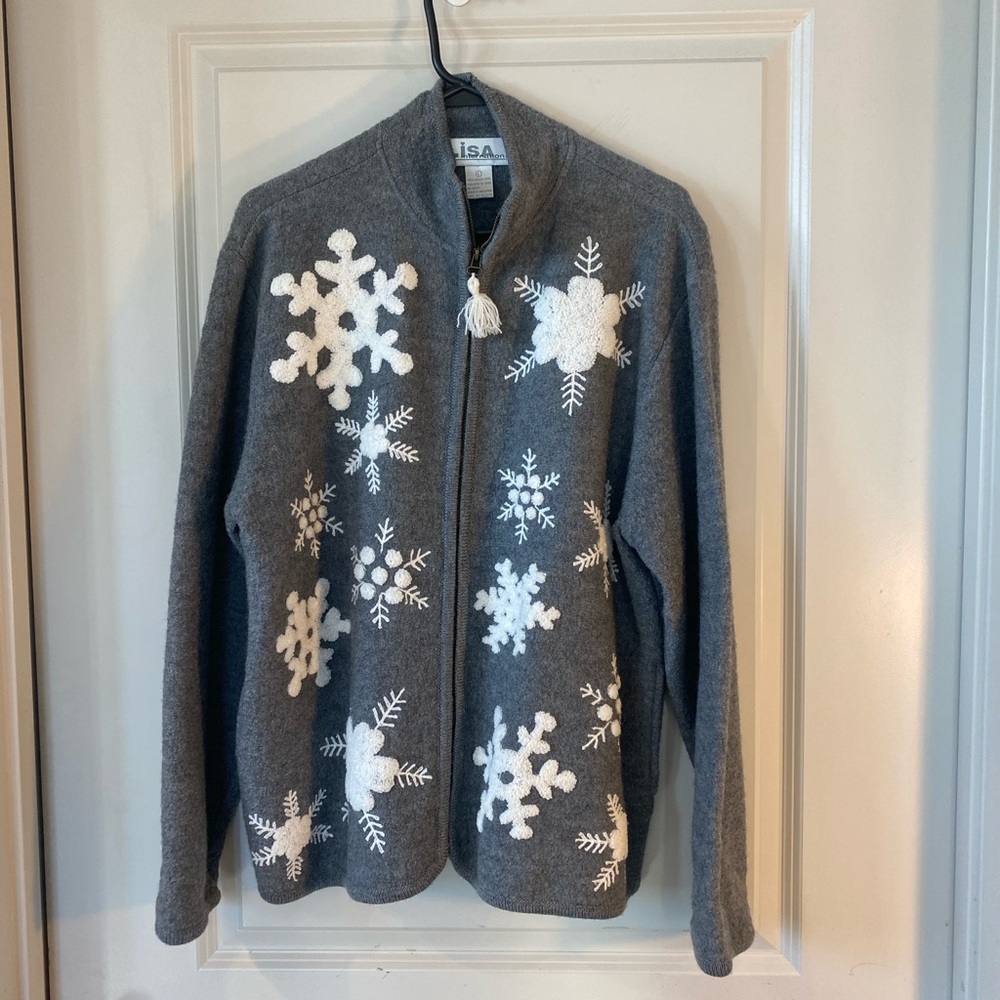 LISA International Wool Grey Zip Up Pom Pom Snowflake Sweater Vintage, Large
